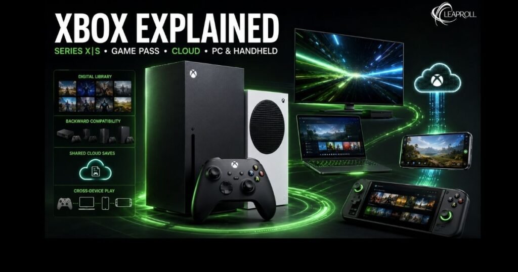 Xbox Series X and Series S with Game Pass, cloud gaming, PC, mobile and handheld devices in the Xbox ecosystem.